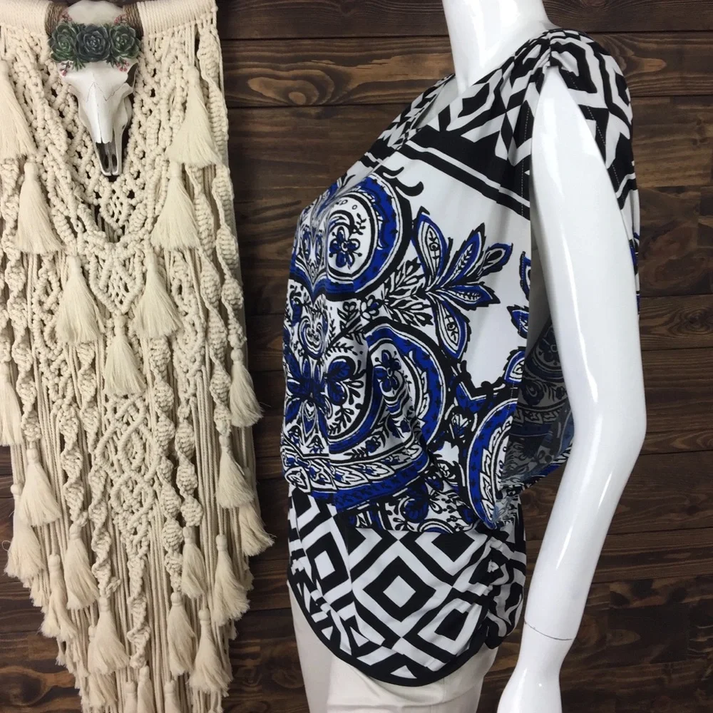 Alfani | Patterned Ruched Drop Waist Open Drape Blouse - Picture 8 of 9
